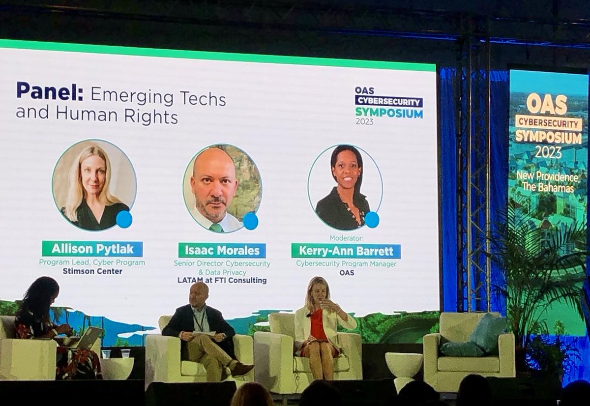 Great discussions during the Americas Cybersecurity Symposium! It was a pleasure joining @a_pytlak and <a href="/KerryAnn_Cyber/">Kerry-Ann</a> to address the impacts of the increasing use of emerging technologies and IA on human rights, regulations and business development. <a href="/FTI_SC/">FTI Consulting Strategic Communications</a> <a href="/OEA_Cyber/">OEA Ciberseguridad</a>