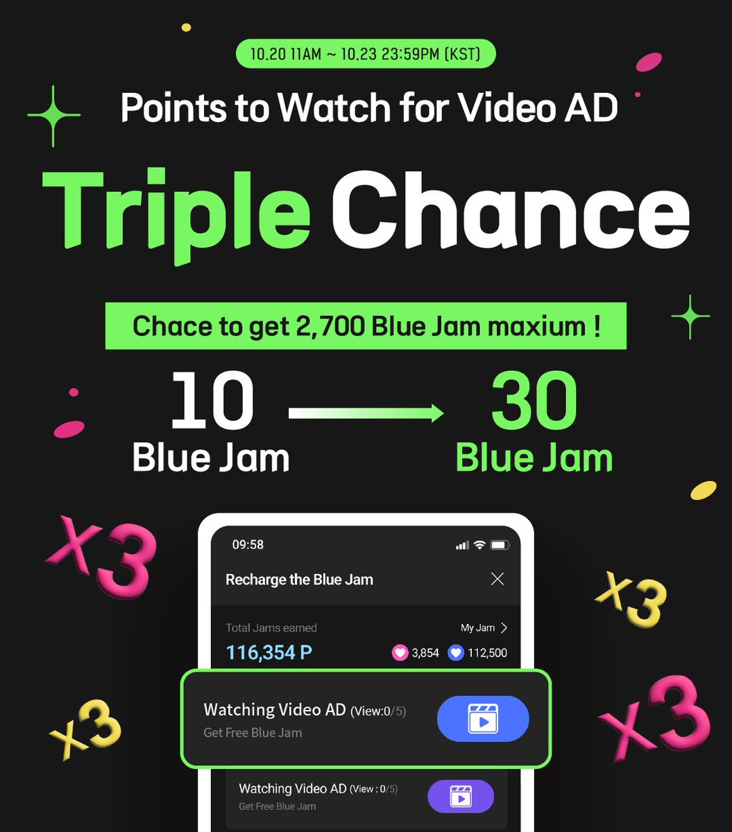 UPICK_twt's tweet photo. 💙𝓣𝓻𝓲𝓹𝓵𝓮 𝓒𝓱𝓪𝓷𝓬𝓮💙

⏰ONLY 4 DAYS⏰

동영상 광고 시청 시
𝟏𝟎⤍𝟑𝟎 블루잼이 3️⃣배

Watching video ad
𝟏𝟎⤍𝟑𝟎 Triple Blue Jam

블루잼 최대 2700까지 받을 수 있는 기회
A chance to get up to 2700 Blue Jam💙

🗓️ 10/20 11AM ~ 10/23 23:59:59 KST
🎁https://t.co/sQYjFwbeVf https://t.co/odeVYvDhjv