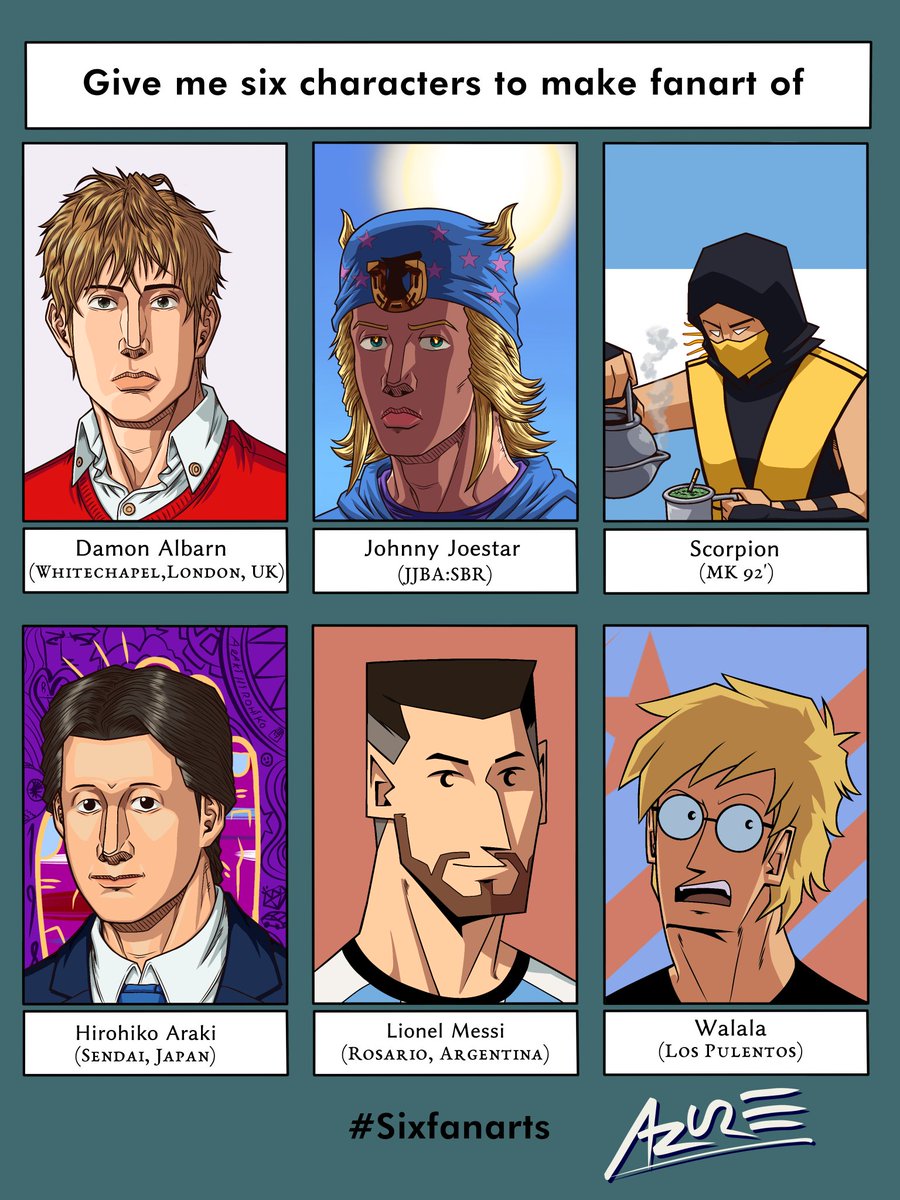 Azure_Draftman's tweet photo. Six fanarts challenge...
#sixfanarts #fanartchallenge #DamonAlbarn #JohnnyJoestar #Scorpion #HirohikoAraki #LioMessi #Walala #myartstyle #Illustrator #illustration https://t.co/BM2VVZNbLq
