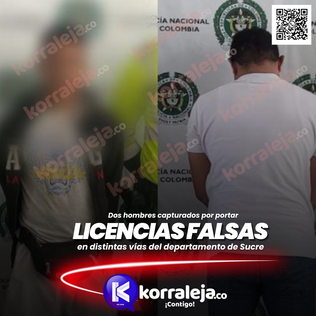 Korraleja's tweet image. 🔵 Dos #capturados en flagrancia por portar #licencias de tránsito #falsas:

En la vía #Sincelejo - #Corozal, JOSE ANDRES FRANCO VÁSQUEZ, de 26 años de edad, conducía una #motocicleta de placas IQA-30D, a quien le hallan inconsistencias en la licencia al solicitarle la