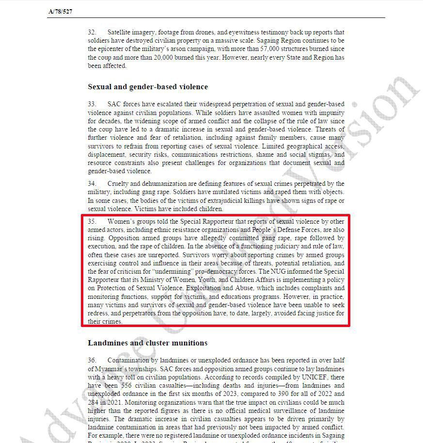 MoeSatKhinn's tweet photo. UN Special Rapporteur on the situation of human rights in Myanmar, Mr. Thomas H. Andrews report to the Security General on A/78/527 of sexual violence against women and children by Ethic resistance organisations, People's Defense Forces PDF of the NUG. #rejectNUG #rejectPDF https://t.co/j1KK1I3m2Q