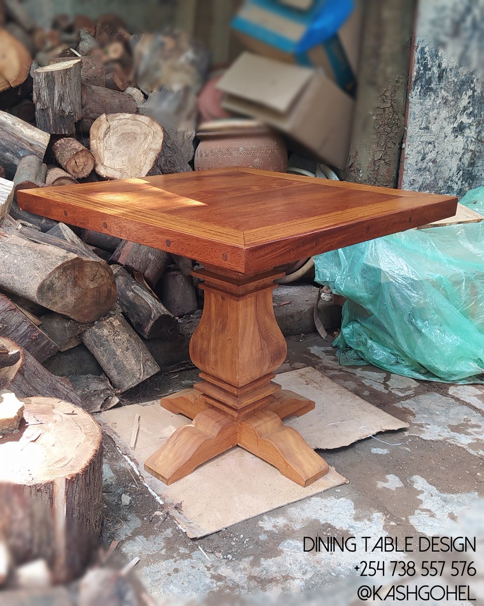 kashgohel's tweet photo. Designed and detailed this elegant pedestal leg style dining table, made a few prototypes on the pedestal profile (Square &amp; Round), finally came to this result. Doesn't that wood grain just shine in the sun? 😃☺️ #furnituredesign #designer #furniture #woodworking #kenya https://t.co/QRfs6y4z2h