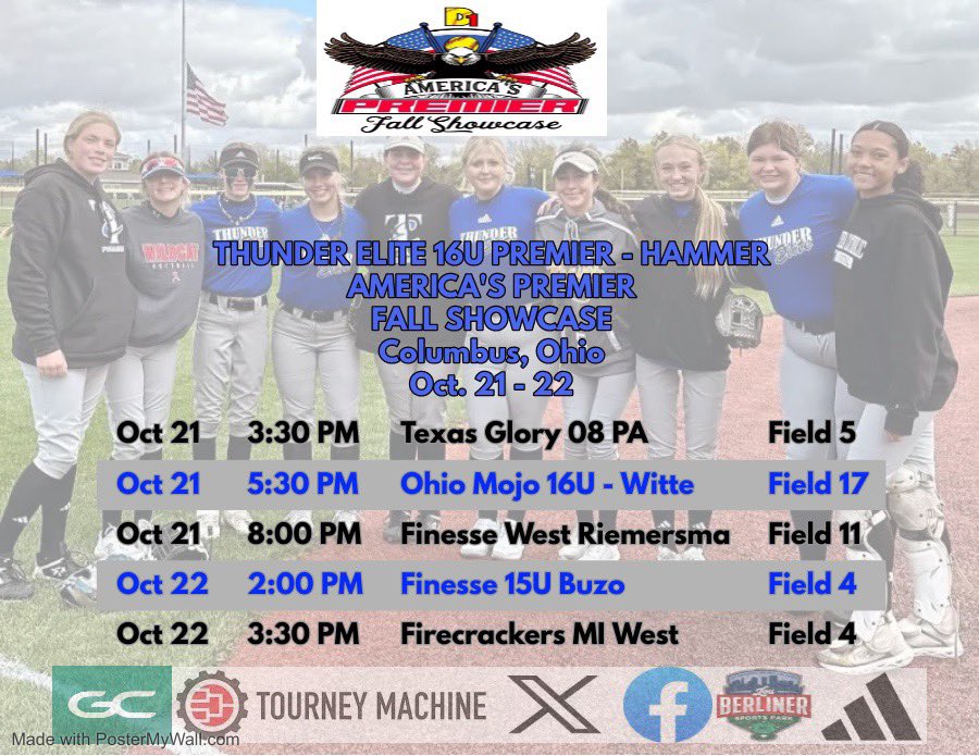 We are going to Columbus this weekend for our last fall tournament. 
<a href="/TdTomdavis34/">Tom Davis Total Sports Recruiting LLC.</a> 
<a href="/TEPremierHammer/">Thunder Elite Premier 16u Hammer</a> 
<a href="/OilerPride22/">Jeff Steiner</a> 
<a href="/UFOilerSoftball/">Findlay Softball</a> 
<a href="/TiffinUSoftball/">Tiffin University Softball</a> 
<a href="/slipperyrocku/">Slippery Rock University</a>