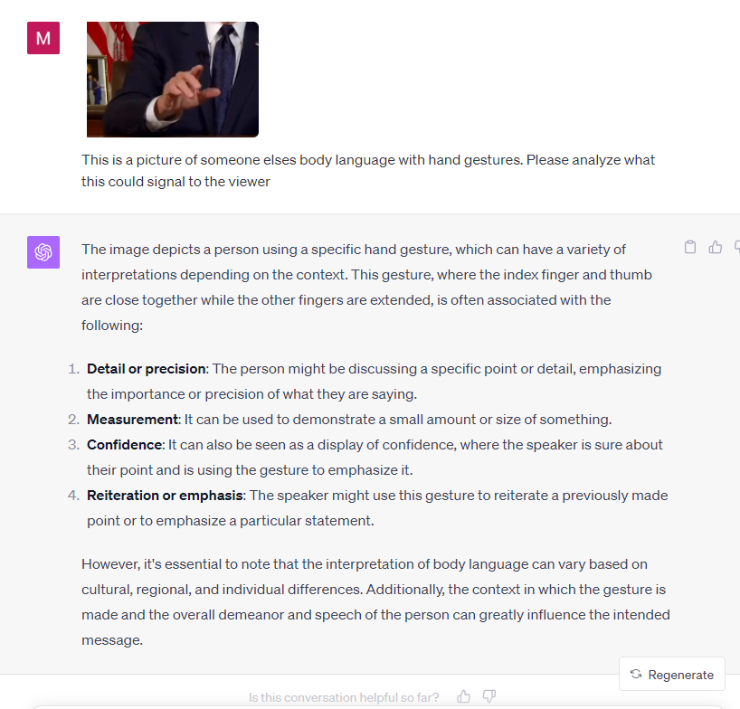 SentientArt2022's tweet photo. GPT can analyze hand gestures. In this experiment, I used one of President Biden's speeches to test. 

Here are the results (first one was a fail lol). #gpt4V #science #ai