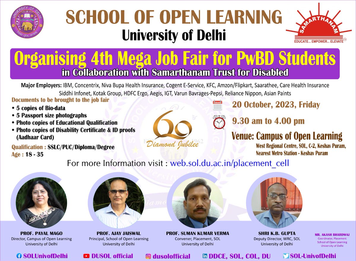 DUSOLOfficial's tweet photo. @SOL_UnivofDelhi @UnivofDelhi once again organising the 4th Mega Job Fair for PwBD students at COL, WRC SOL, C-2 Keshav Puram New Delhi 35
Nearest Metro Station: Keshav Puram (Red Line) on 20th Oct 2023, Friday from 9:30 am to 04 pm.
#pwdstudents #delhiuniversity #solstudents https://t.co/iAPis7Pev5