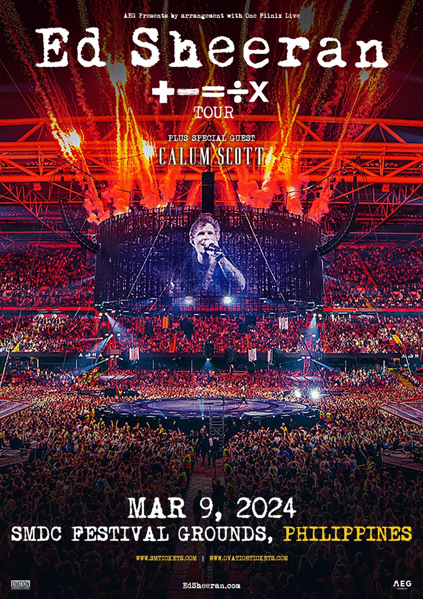 MOAArena's tweet photo. JUST IN: Ed Sheeran is bringing + - = ÷ x Tour to Manila on March 9, 2024 at the SMDC Festival Grounds!

Tickets on sale October 26 (12nn) at https://t.co/guh9x2pz8o and https://t.co/XG2x7wPbkm

#EdSheeranAtSMDCFestivalGrounds https://t.co/b8cnbzvBGJ