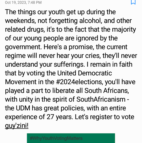The things our youth get up during the weekends, not forgetting alcohol, and other related drugs, it's to the fact that the majority of our young people are ignored by the government. We all know Gen Bantu Holomisa, and that he has the best interests for all South Africans.