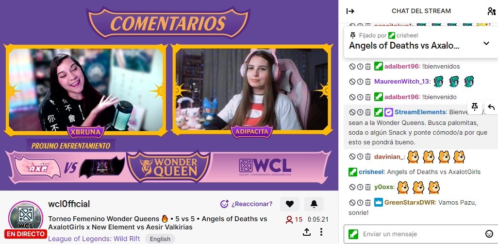 Iniciamos esta grandiosa transmisión!

Pásate a apoyar a los equipos femeninos que se juegan el clasificatorio a la semifinal junto a:

<a href="/xbrunatw/">ISG Bruna</a> y <a href="/adipacita/">𝑷𝒂𝒛𝒖 💜</a> 

twitch.tv/wcl0fficial

#WildRift @Wonderqueenswr