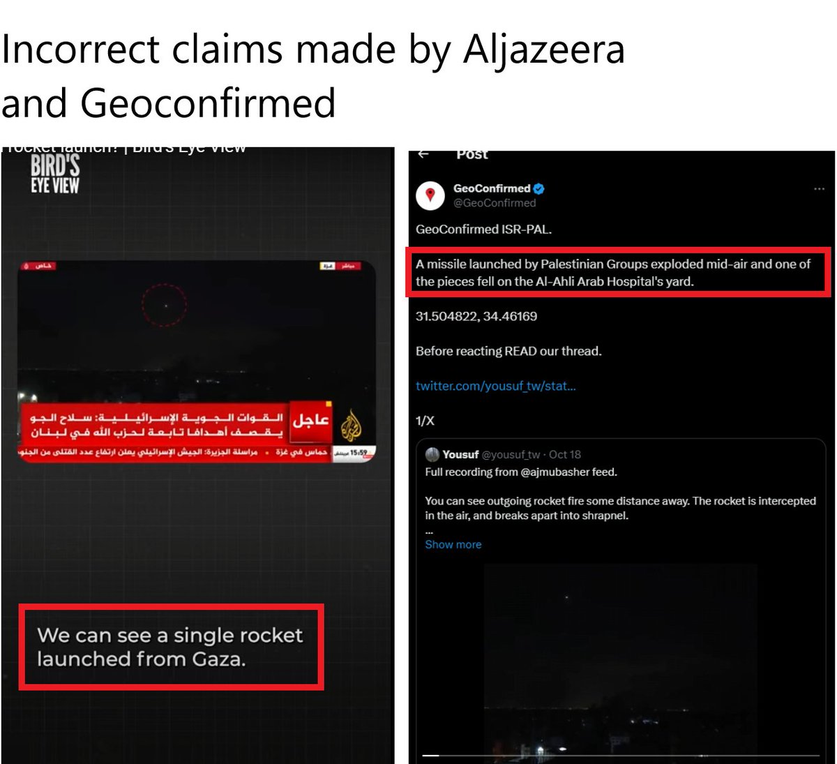 ArchieIrving2's tweet image. 🧵 Al-Ahli Baptist Hospital explosion: after more footage has emerged, it is clear that the missile that both @AlJazeera and @GeoConfirmed have said is a Palestinian rocket is likely an Israeli Iron dome interceptor, here's why. 👇