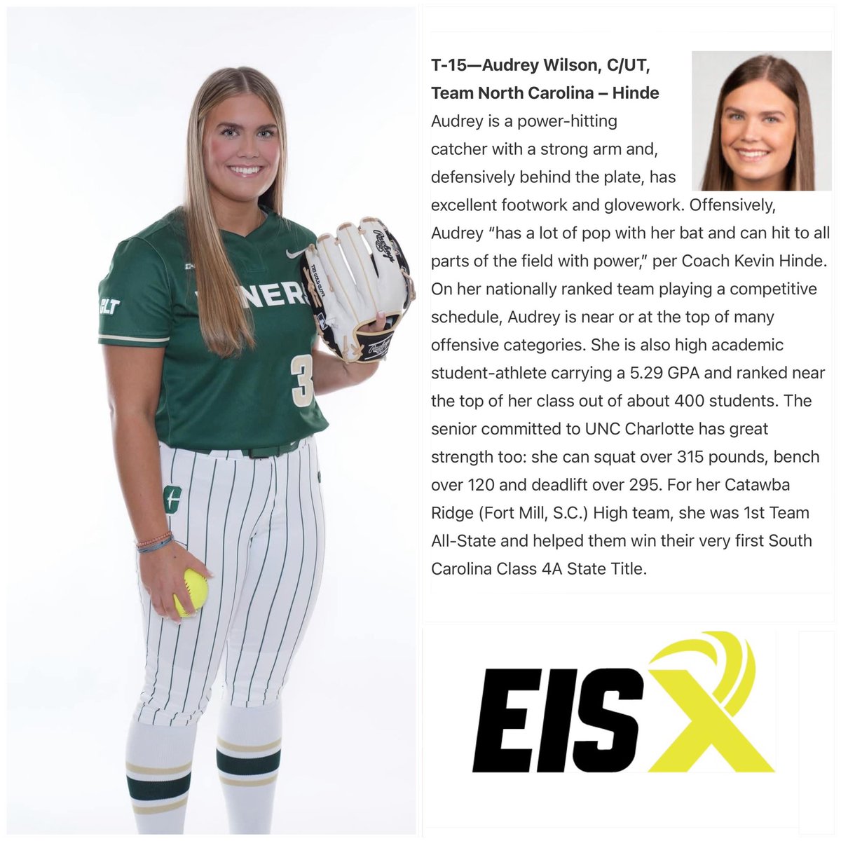 Congratulations to @CharlotteSB commit @AWilson2024 for earning the #15 spot in the 2024 Extra Elite 100 national rankings by @ExtraInningSB! Way to go Audrey!! #TeamNC