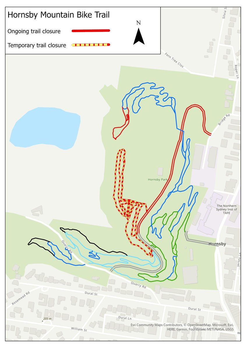 HornsbyMBT's tweet photo. TEMPORARY TRAIL CLOSURE - Between Monday 23rd and Wednesday 25th October 2023, The Jumps Park and Turkey Run trails will be temporarily closed due to minor works being undertaken on a small section of trail. 
Other trails remain open as usual. https://t.co/6sFt1DC7Uk