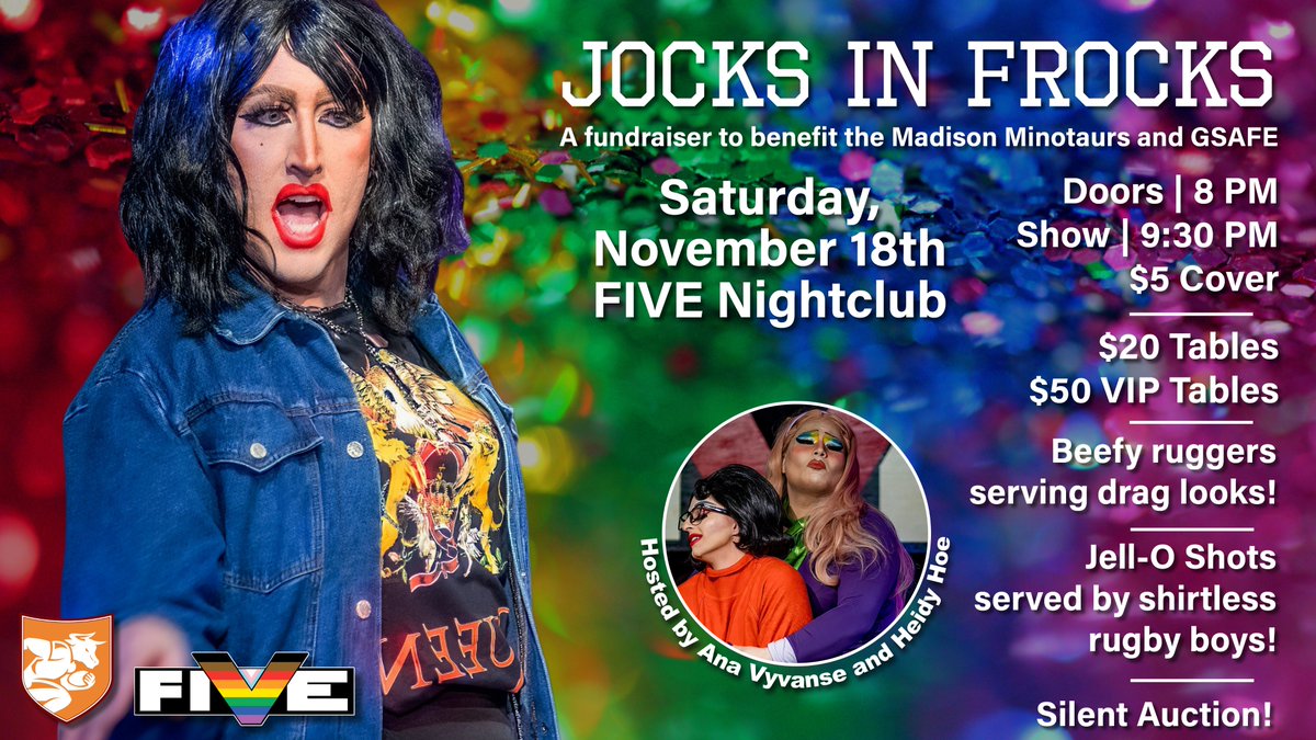 madisonminotaur's tweet photo. Join us for our annual drag show on 11/18. Come party with us all while supporting the Madison Minotaurs Rugby Club and @gsafewi ! Tables available for purchase by contacting fivetickets@yahoo.com https://t.co/uE9icNBbXV