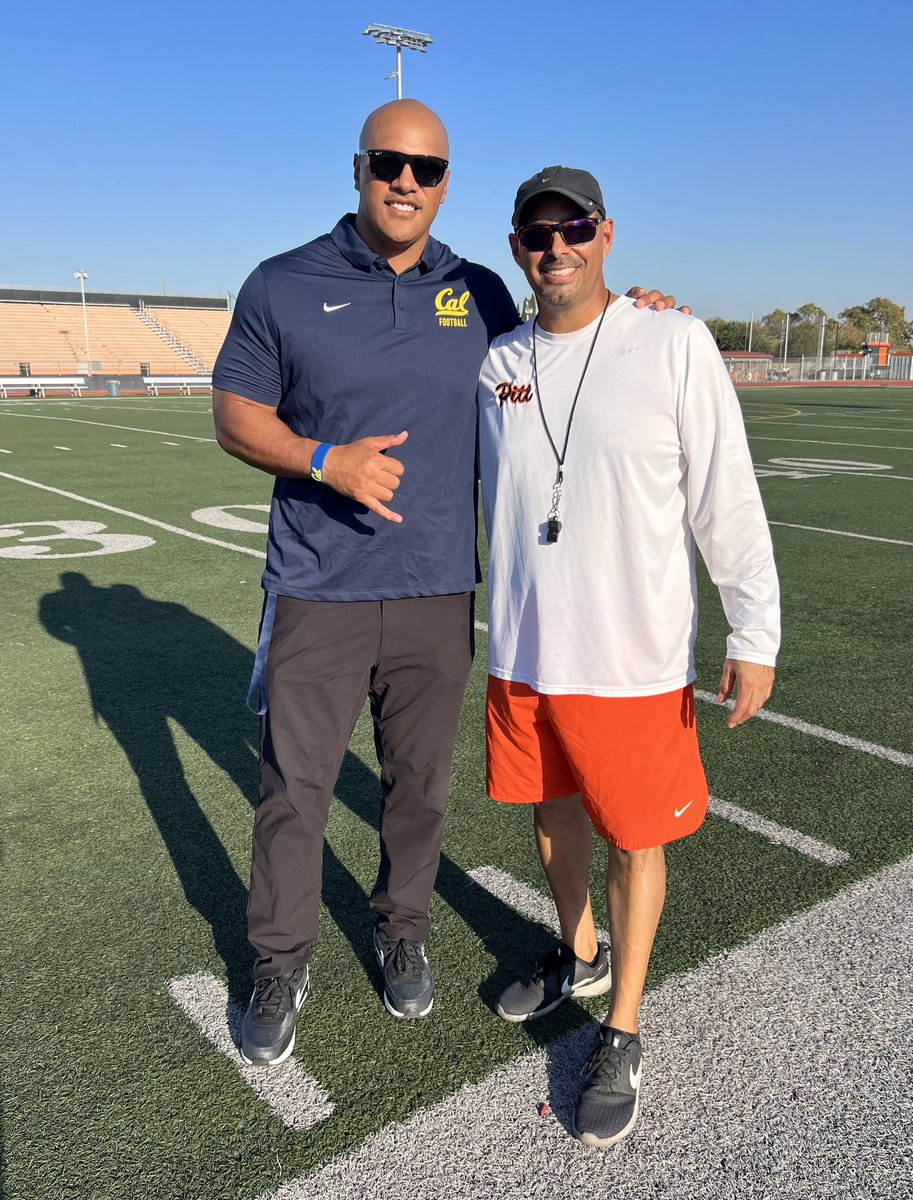 PittHSFootball's tweet photo. Tis the season! Appreciate @CalFootball and @Coach_Sooto for coming to check out the Pirates today! Final game prep for Game 8. Senior Night tomorrow so let’s pack the house Pittsburg #HoistTheColors🏴‍☠️ #ramPITTup #RecruitingSeason #WhosNext #PITT 🏴‍☠️🏈🅿️🌎🏈🏴‍☠️ https://t.co/cfnxGZ0Sjd