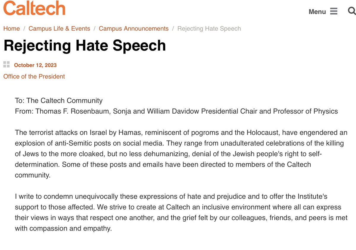 Those withdrawing contributions from <a href="/Harvard/">Harvard University</a> &amp; <a href="/Penn/">Penn</a> etc. may want to look at this statement from the President of <a href="/Caltech/">Caltech</a>