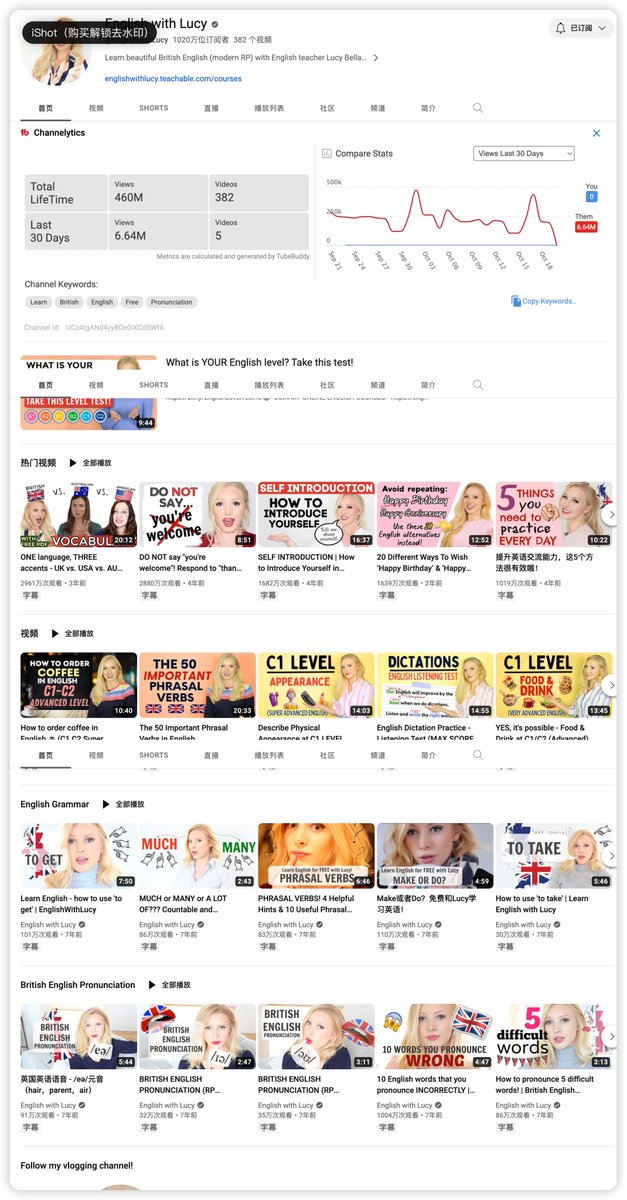 Crypto_QianXun's tweet photo. 再次推荐一个最近学英语的 Youtube 博主 Lucy

长相甜美，订阅量达到 1000 多万，并且每次的播放量都有几十万

听她教英语超级棒，语速适中，说得又流利又标准，还都是日常实用句子，是练习听力很棒的频道
https://t.co/Ulv1MeCLKD https://t.co/kRnXPbwfXr