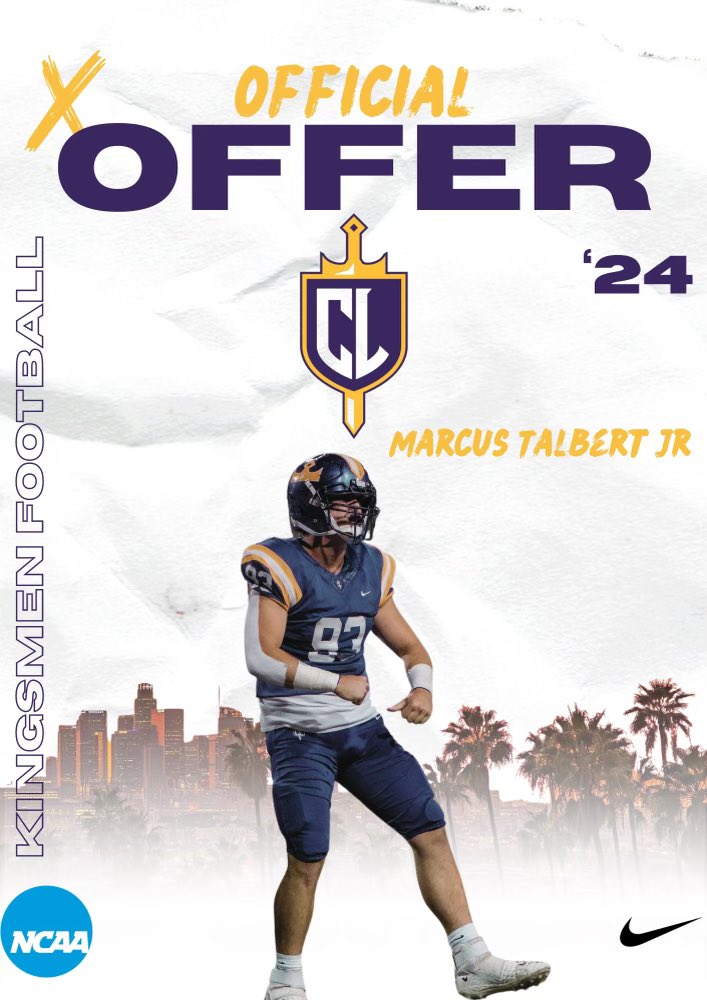 After a great conversation with <a href="/Caseyblum88/">Casey Blum</a> I received a offer to continue my academic and football future with <a href="/CLUFootball/">Kingsmen Football</a>🙏🏾 <a href="/PomonaPantherFB/">PomonaFootball</a> <a href="/coachwes_23/">Ryan “Wes” Wesley</a> <a href="/coachjohnson59/">Nathan Johnson</a>
