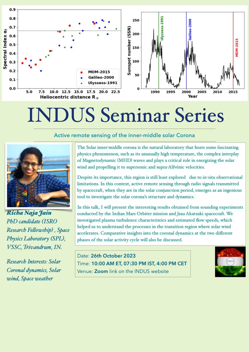 Indus_SolPhy's tweet photo. 🚨Excited about the 3rd seminar in #INDUS #seminar series on 26th October🚨

@RichaNaja ,ISRO Research fellow, SPL/VSSC will talk about the ingenious #solar coronal sounding experiments conducted by @isro MOM &amp; @JAXA_en Akatsuki spacecraft. 
Zoom link -  https://t.co/DOh4PSJ5O3 https://t.co/jBVuNyAyjt