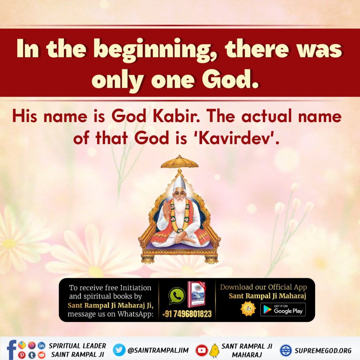 JaiSing50903984's tweet photo. #GodMorningFriday
In the beginning, there was only one God. His name is God Kabir. The actual name of that God is ‘Kavirdev’.
#SaintRampalJiQuotes https://t.co/b00uAUU5Da