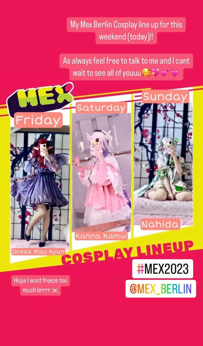 luniichen's tweet photo. And heres my Mex Berlin cosplay line up for the Twitter people aswell! Hopefully Ill be able to see some of you and dont be shy to approach me c; 💕💕
#mex23 #convention #mexberlin @MEXBerlin #mex2023 #cosplay #rizukyun #kannakamui #nahida https://t.co/Mu9KLKOn9f