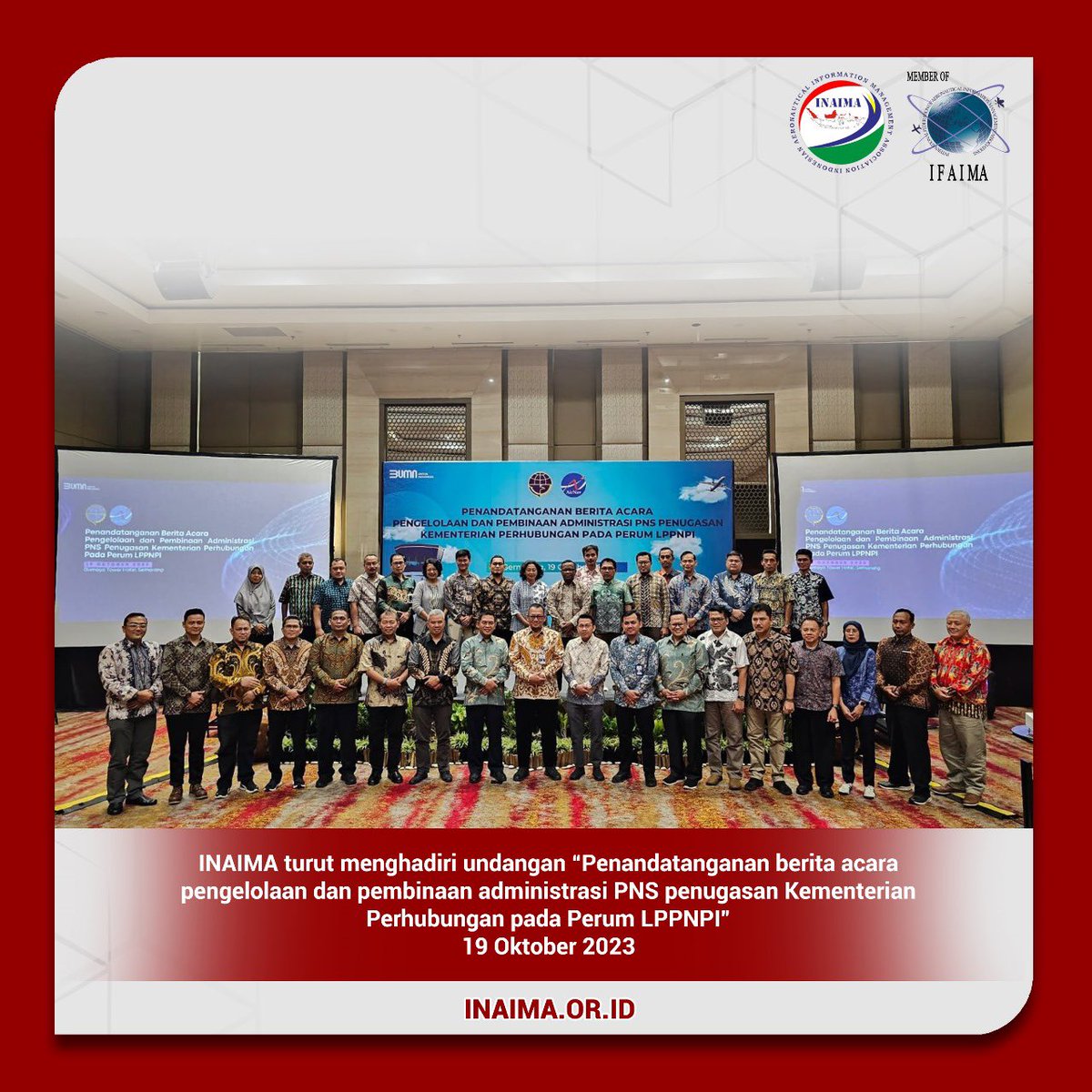 INAIMA_'s tweet photo. INAIMA turut menghadiri undangan “Penandatangan berita acara pengelolaan dan pembinaan administrasi PNS penugasan kementerian perhubungan pada Perum LPPNPI”
19 oktober 2023 https://t.co/FHPQyCoYkP