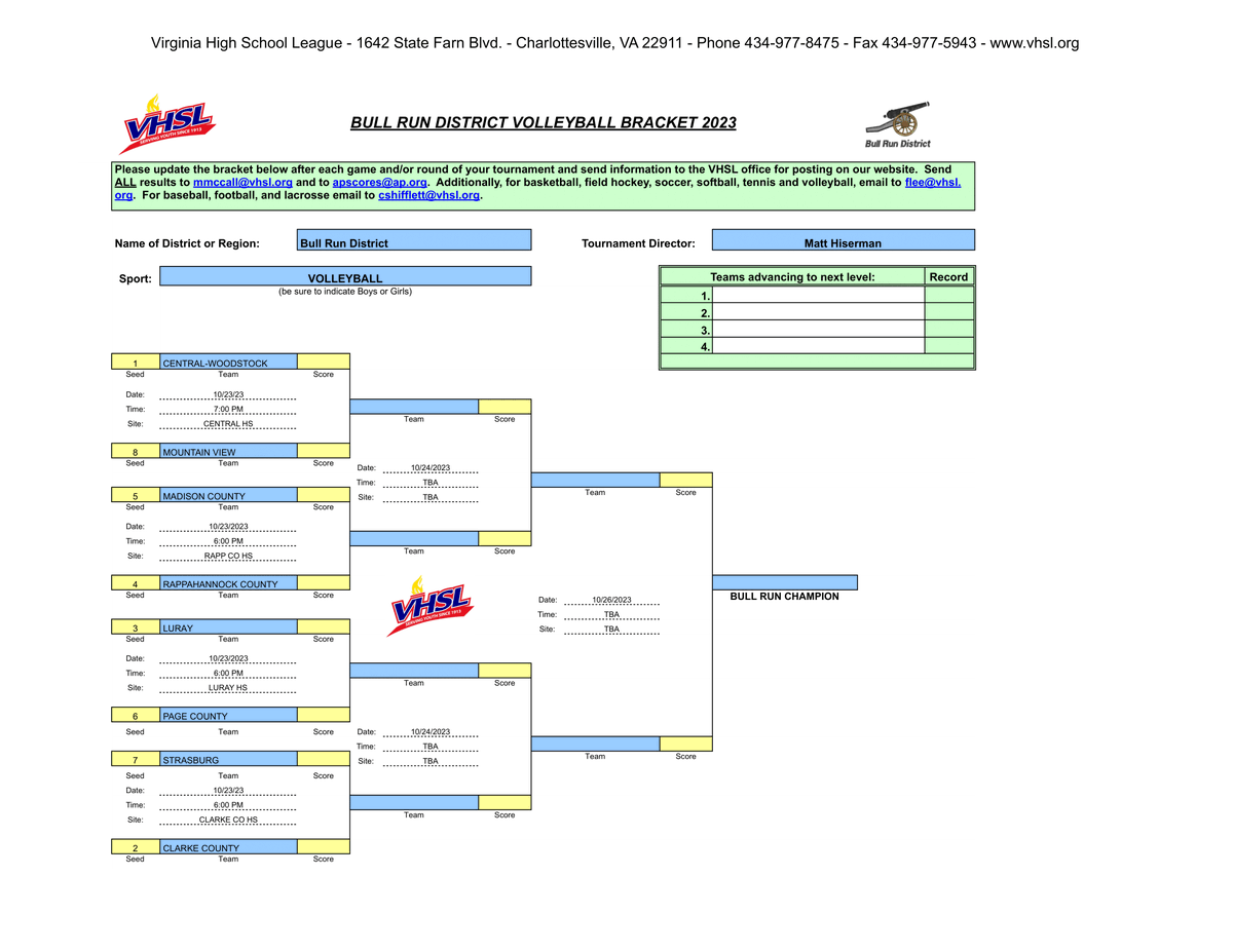 The Bull Run District Volleyball Tournament begins on Monday, October 23rd at Higher Seeds.  See the bracket below for match ups.  Admission $6.00 <a href="/FalconsCHS/">Central High School</a> <a href="/AthleticsCCHS/">CCHS Athletics</a> <a href="/rappcoathletics/">panthersports</a> <a href="/SHSRamathletics/">Strasburg Athletics</a> <a href="/LurayHighSchool/">LurayHighSchool</a> <a href="/page_athletics/">Page County High School Athletics</a>    
@MVHS_Generals <a href="/madisonpride/">MCHS Athletics</a>