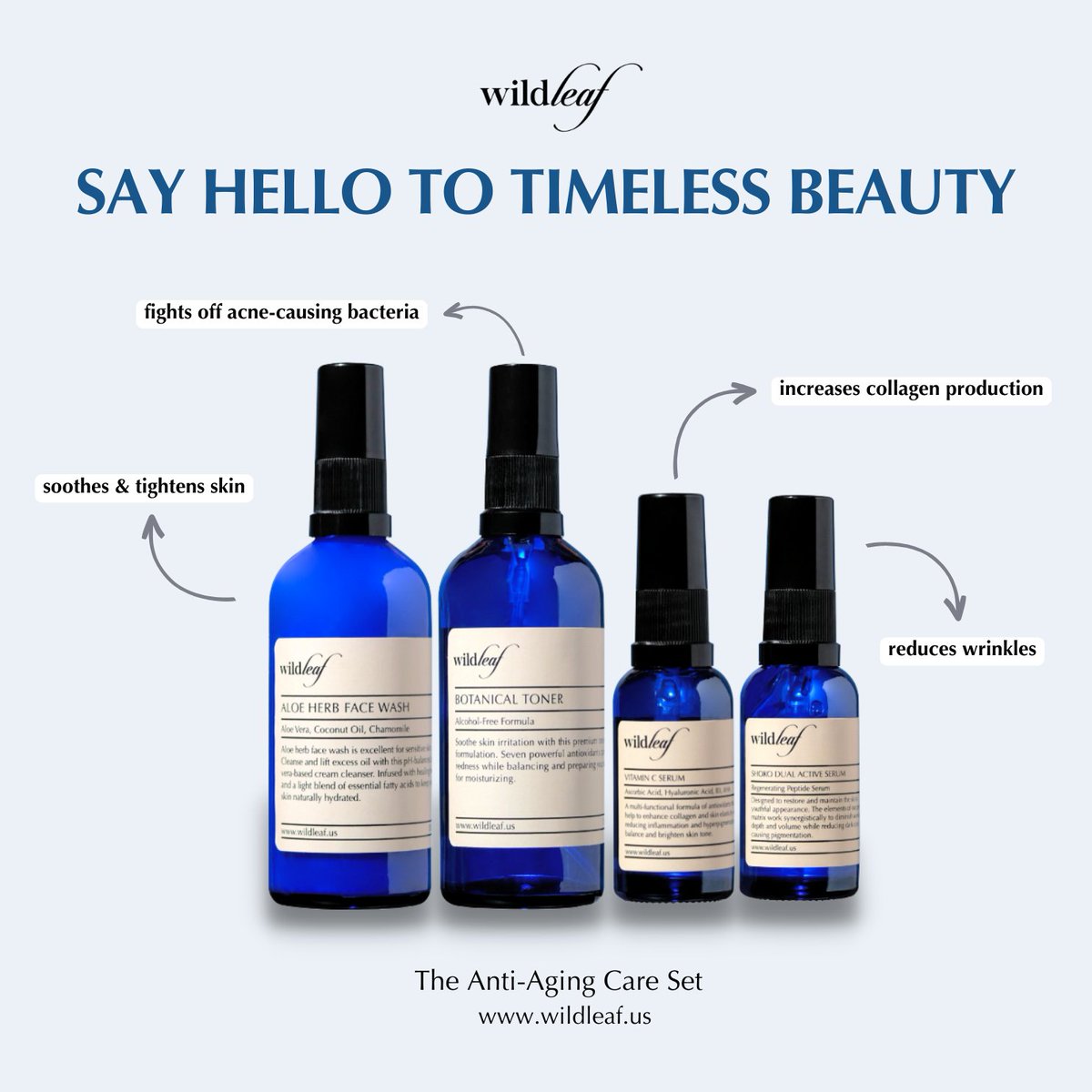 Introducing Wildleaf's very own Fountain of Youth in blue bottles, The Anti-Aging Care Set. 💙

Each bottle holds the promise of a new chapter in your skincare journey. Together, they tell the story of a timeless beauty. 🍃