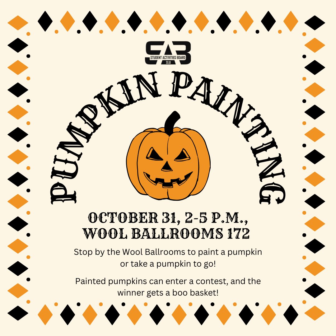 Join us on Halloween in the Wool Ballrooms to paint a pumpkin! If you paint a pumpkin, you can enter a contest for the potential to win a boo basket! If painting is not your style, feel free to come get a pumpkin to go. Happy Halloween! 👻🎃