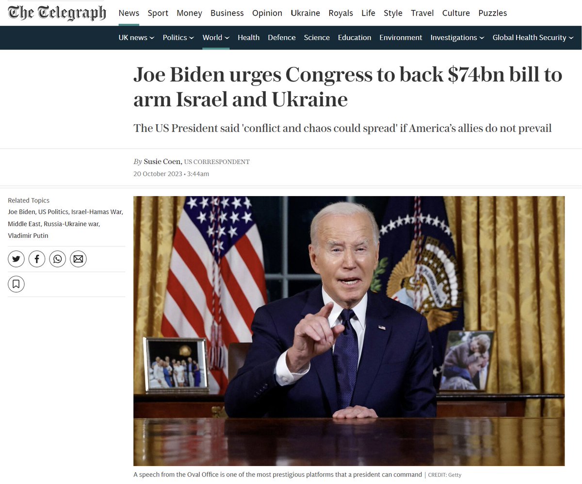 Biden asks Congress to give $74 billion more to Israel &amp; Ukraine. No wonder he is doing terribly in US polls - 54% dissatisfied, 40% satisfied. US real wages lower than three and half years ago before Covid but hundreds of billions to US foreign wars. Immoral electoral death wish