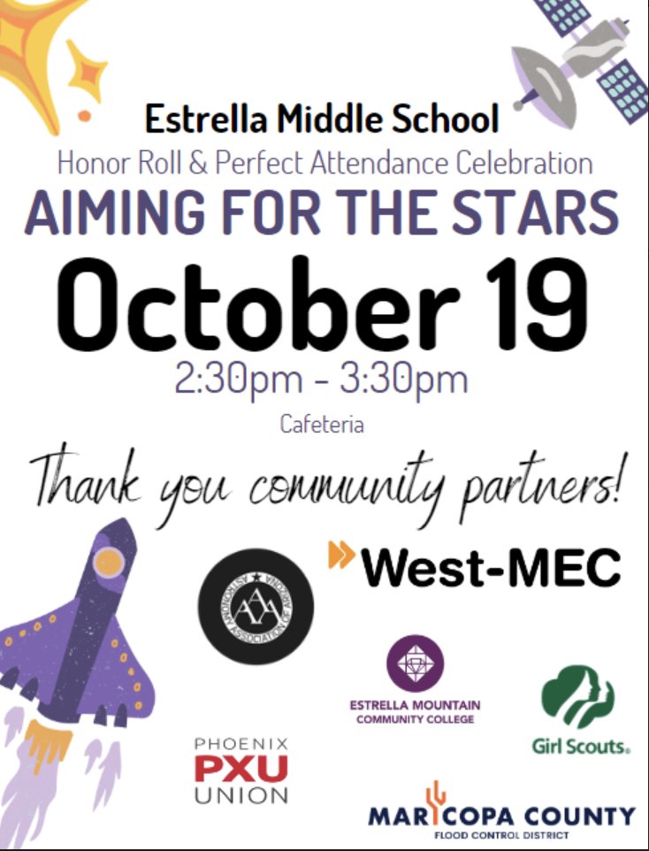 EstrellaCSD's tweet photo. Congratulations to the 1st Quarter Honor Roll and Perfect Attendance students! We celebrated in the cafeteria with a variety of exhibitors, games and the well deserved certificates of achievement. Please continue working hard and "Aiming for the Stars" at Estrella Middle School. https://t.co/lMGb8sAdXl