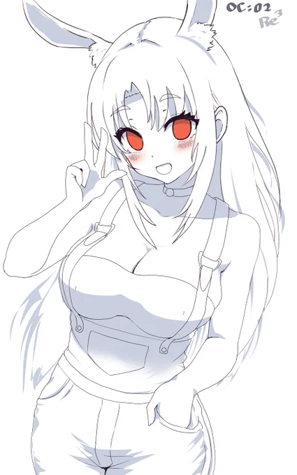 OC 02号ちゃんちなみにうさ耳も普通の耳もついてます普通の耳がカモフラージュで、うさ耳が本物です自分のキャラなのに描きなれてないので固めたいわたしが描くと豊満になりがちなのでもうすこしスレンダーにしたいなぁと思っていますオーバーオールは特定のデザインに決めている訳ではなく… 