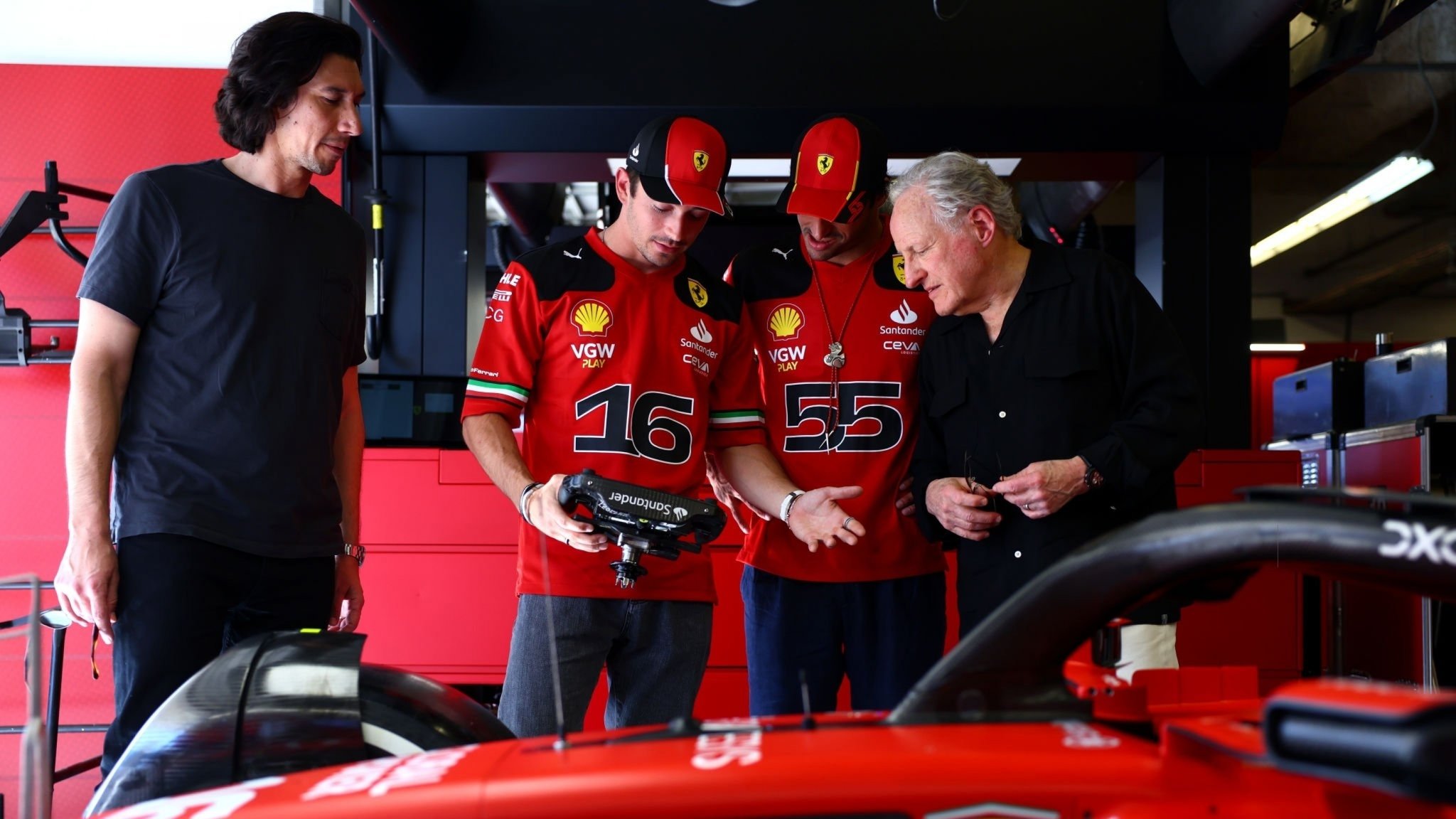 Charles Leclerc and Carlos Sainz meeting Adam Driver and Michael Mann