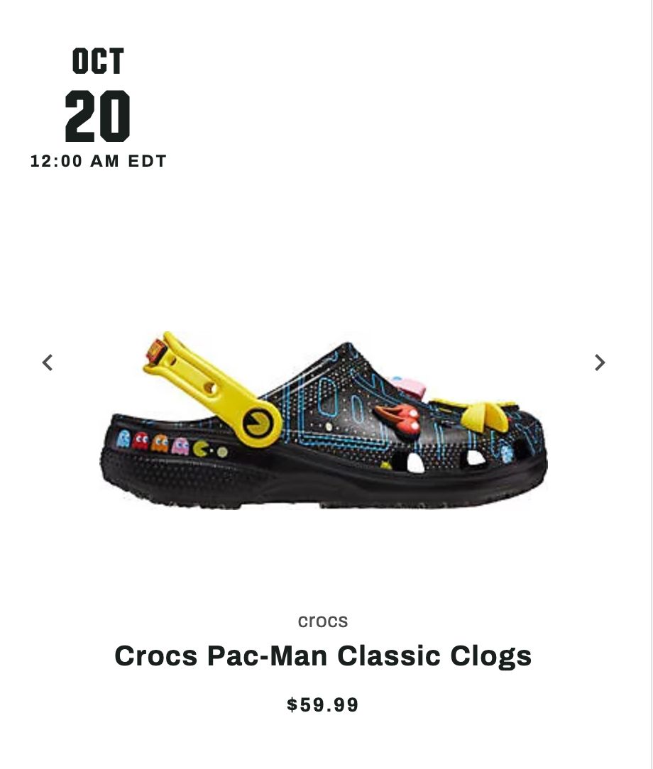 KicksFinder's tweet photo. Ad: REMINDER! Releasing at 12AM EST via DSG
Pac-Man x Crocs Clogs
FREE shipping and returns

>> https://t.co/e1pZAk4EXI https://t.co/u2sohgXdJT