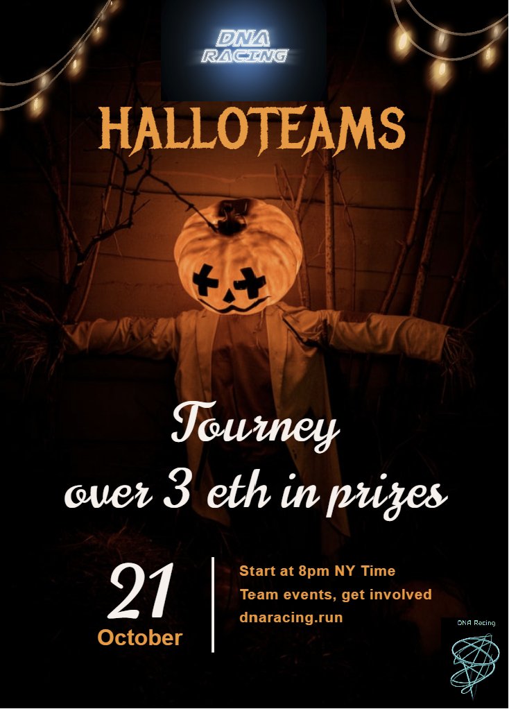 Team Events for days!!!!
over 3 eth in prizes
individual bike winners
and team winners
6 teams of all the DNA players will battle it out to see which team is the best!

FOMO? get in the action now dnaracing.run
join our discord discord.gg/skG6HCbM