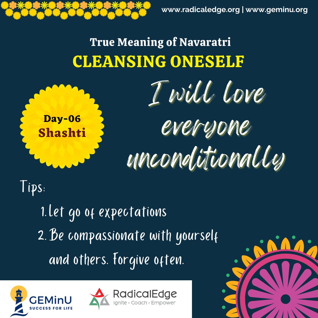 GEMinU3's tweet photo. Day 6: Shashti

I will love everyone unconditionally

Tips:

Let go of expectations
Be compassionate with yourself and others. Forgive often. https://t.co/gKJ87RpvVJ