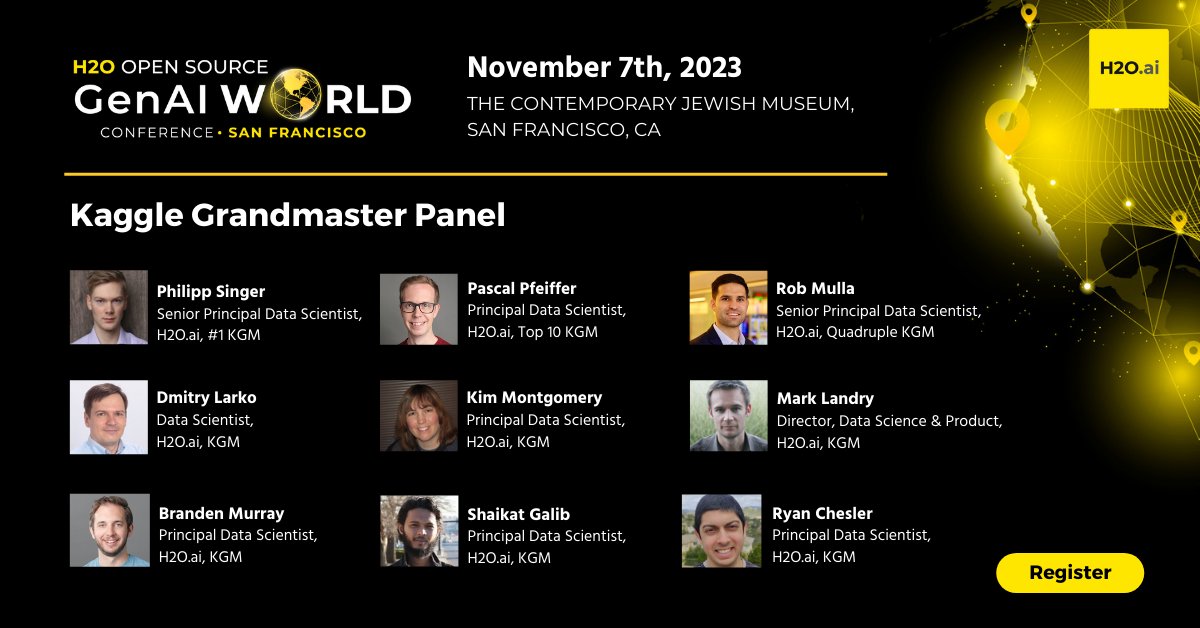 We at <a href="/h2oai/">H2O.ai</a> are thrilled to bring together the largest gathering of <a href="/kaggle/">Kaggle</a> Grandmasters on a single stage in one day, and that includes none other than the current #1 - <a href="/ph_singer/">Philipp Singer</a> and current #4 - @kagglingpascal  in competitions. Register- bit.ly/3Qb4Zyd