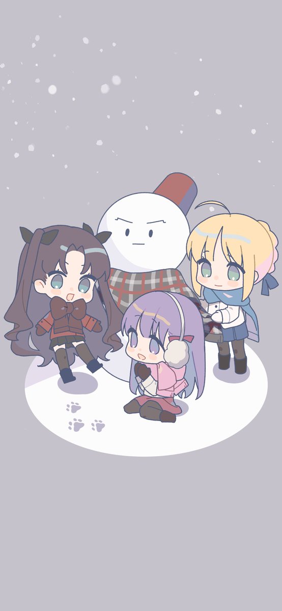 artoria pendragon (fate) ,matou sakura ,tohsaka rin multiple girls snowman scarf 3girls blonde hair blue scarf purple hair  illustration images