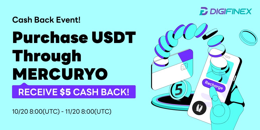 DigiFinex's tweet photo. 🔥 Exciting Cash Back Alert! 
🔥 Make your first USDT deposit over $150 via @Mercuryo_io on #DigiFinex &amp; get a $5 cash back! 

💸 Offer valid from Oct 20 to Nov 20. Rewards distributed every Friday. 

Details: https://t.co/JVGJnIu97Q
Dive in now! 🚀 #Mercuryo #CashBackEvent https://t.co/k1demMgM8V