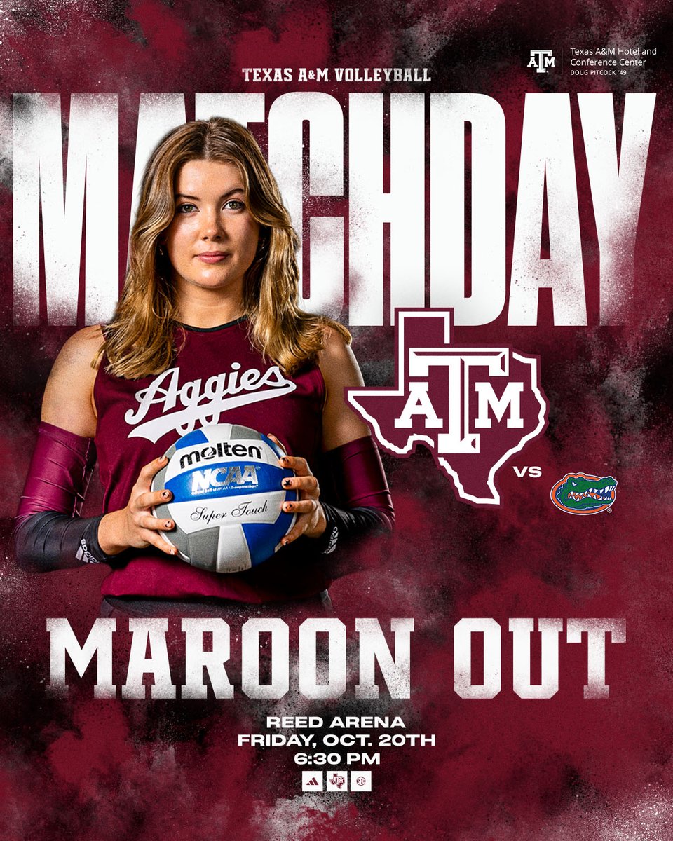 AggieVolleyball's tweet photo. Time for some Maroon Out madness in Reed ‼️

🆚 No. 17 Florida
⏰ 6:30 p.m.
🏟 Reed Arena
📺 https://t.co/NoWuxOJxLi
📈 https://t.co/lf3uXJv2CI

#GigEm | #AggieVB | @12thMan https://t.co/ygYyb67BQN