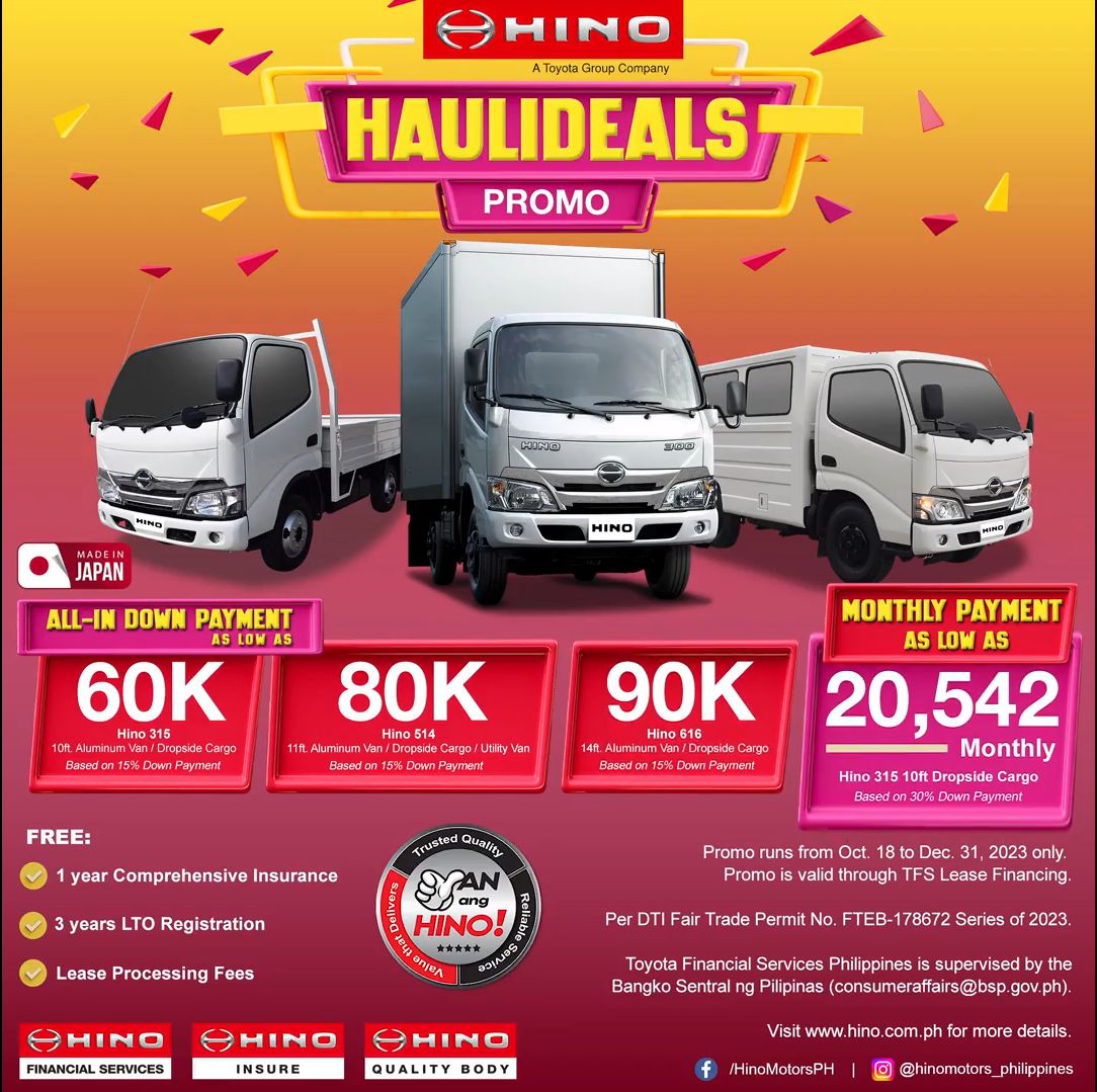 Unwrap holiday savings with Hino! 🎄ALL-IN Down Payment from 60k, 80k or 90k. LOW Monthly Payments from 20,542.00. FREEBIES: 1-Year Insurance, 3-Year LTO Registration &amp; Lease Processing Fees. Offer valid Oct 18 to Dec 31, 2023. Visit Hino today!
#HinoHaulideals #HinoMotorsPH