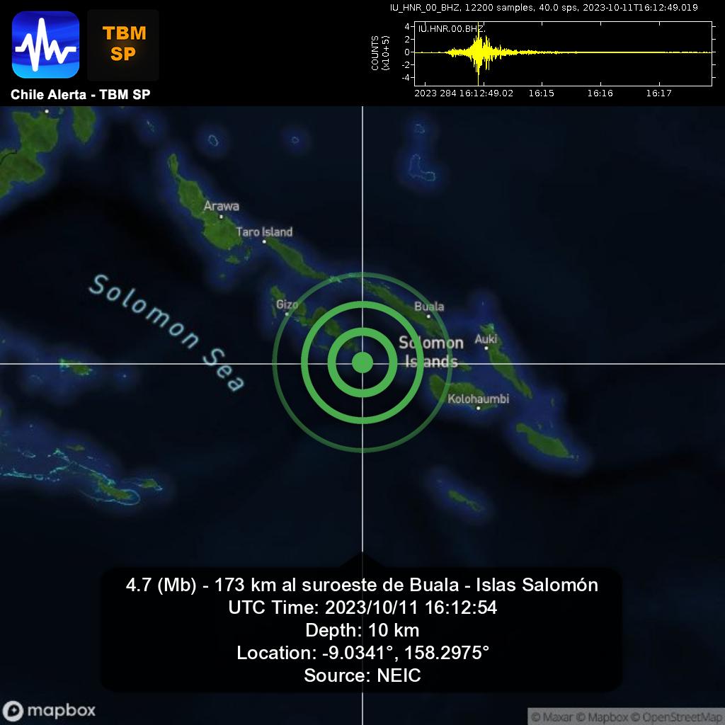 ChileAlertaApp's tweet photo. New #Earthquake. 🌎
4.7 (Mb) - 173 km al suroeste de Buala - Islas Salomón.
2023/10/11 16:12:54 UTC.
App: https://t.co/RblVNxZYn8
#Buala #IslasSalomón #earthquake #sismo #temblor #terremoto https://t.co/BkuF1A0gaB