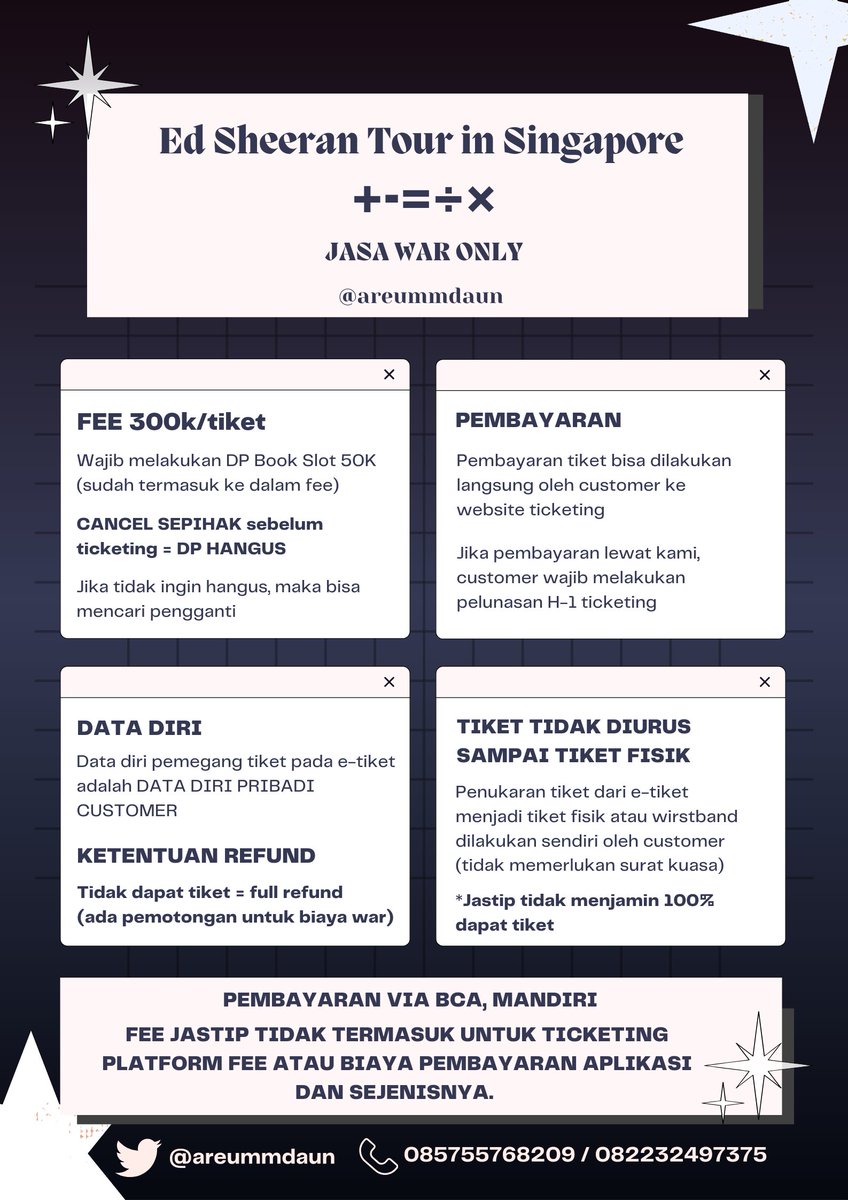 OPEN JASTIP Ed Sheeran Tour in Singapore

JASA WAR

PRESALE* &amp; GENERAL SALE

▪︎Fee 300k/tix
▪︎Trusted 100% (testi 📌)
▪︎Pakai DATA DIRI CUSTOMER

*Kartu UOB dari customer

Booking/questions? WA di bio!

#EdSheeran +-=÷× calum scott #EdSheerantickets #EdSheeranSingapore