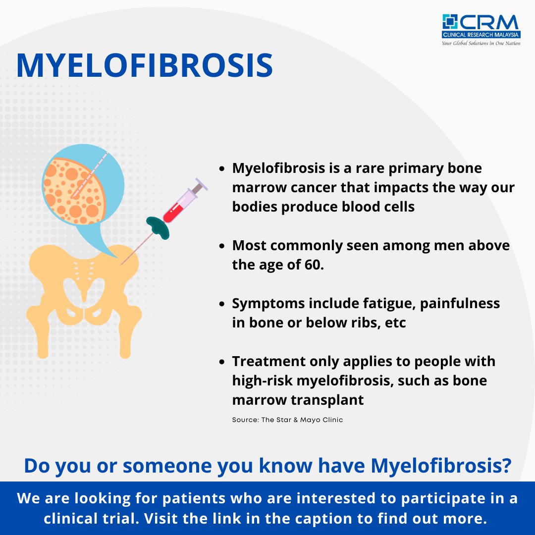 We are looking for patients with Myelofibrosis  condition. Visit the link below if you are interested to partake in our clinical trial!

clinicalresearch.my/condition/myel…

#findaclinicaltrial #clinicalresearchmy #myelofibrosis