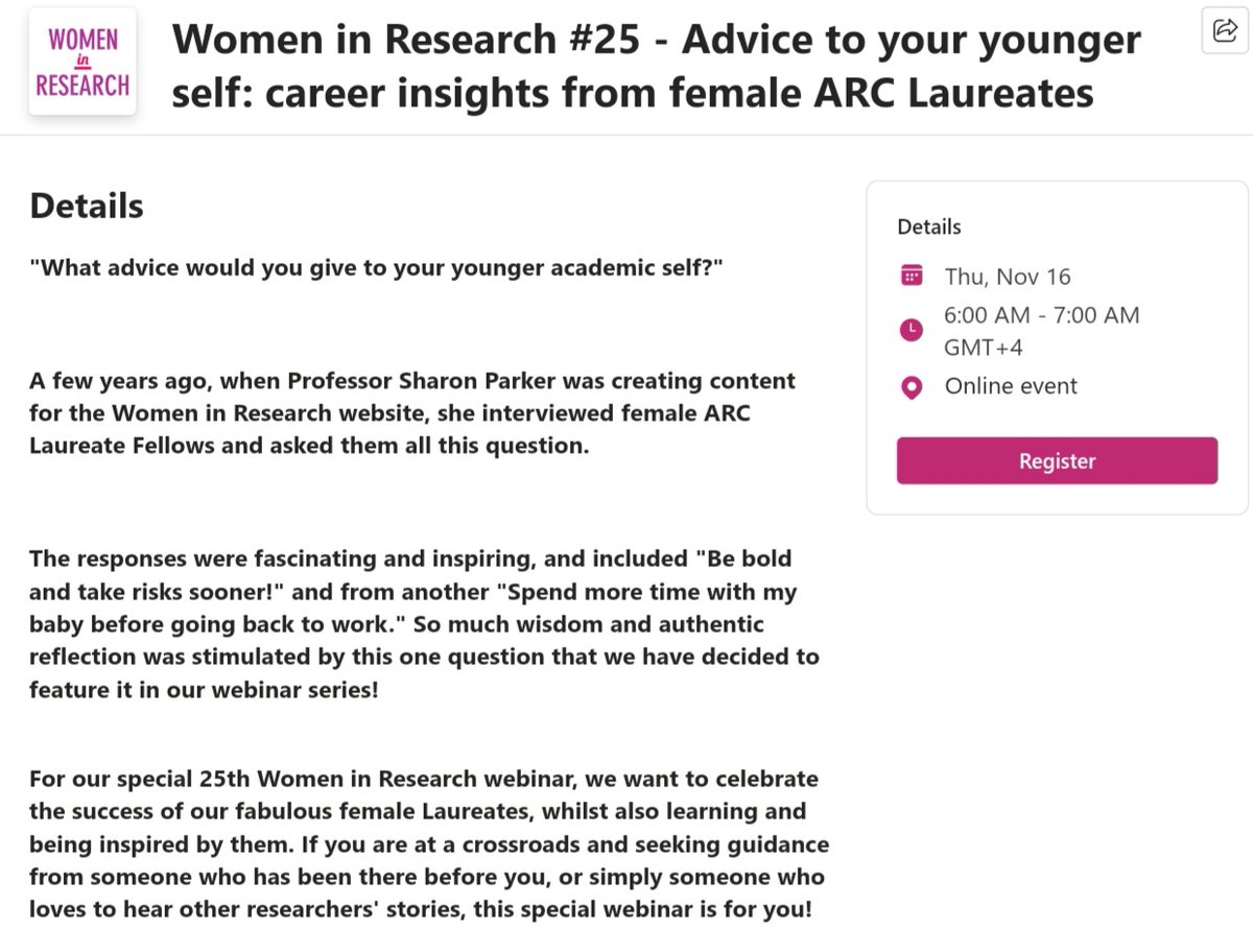Salma Ahmed, PhD (@salma_e_ahmed) on Twitter photo "What advice would you give to your #younger #academic self?"
A <a href="/womenresearchau/">Women in Research (Australia)</a> webinar NOT TO BE MISSED, with some of the greatest & brightest #female <a href="/arc_gov_au/">Australian Research Council</a> Laureates & role models, including the one & only @CAMD_Stenzel!
Register for #Free at
events.teams.microsoft.com/event/f386df57… "What advice would you give to your #younger #academic self?"
A <a href="/womenresearchau/">Women in Research (Australia)</a> webinar NOT TO BE MISSED, with some of the greatest & brightest #female <a href="/arc_gov_au/">Australian Research Council</a> Laureates & role models, including the one & only @CAMD_Stenzel!
Register for #Free at
events.teams.microsoft.com/event/f386df57…