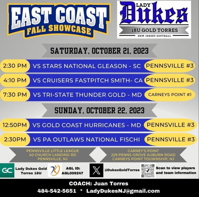 Angelina Gencarelli 2024 (@2024angelina) on Twitter photo The time has come to put the hard work to the test. I will also be playing with the Lady Dukes Torres 18U Team on Saturday in Pennsville NJ Eastcoast Showcase. Hope to see all you coaches behind the backstop!
<a href="/nj_LadyDukes18u/">NJ Unity 18U Iorio</a> @DukesGoldTorres The time has come to put the hard work to the test. I will also be playing with the Lady Dukes Torres 18U Team on Saturday in Pennsville NJ Eastcoast Showcase. Hope to see all you coaches behind the backstop!
<a href="/nj_LadyDukes18u/">NJ Unity 18U Iorio</a> @DukesGoldTorres