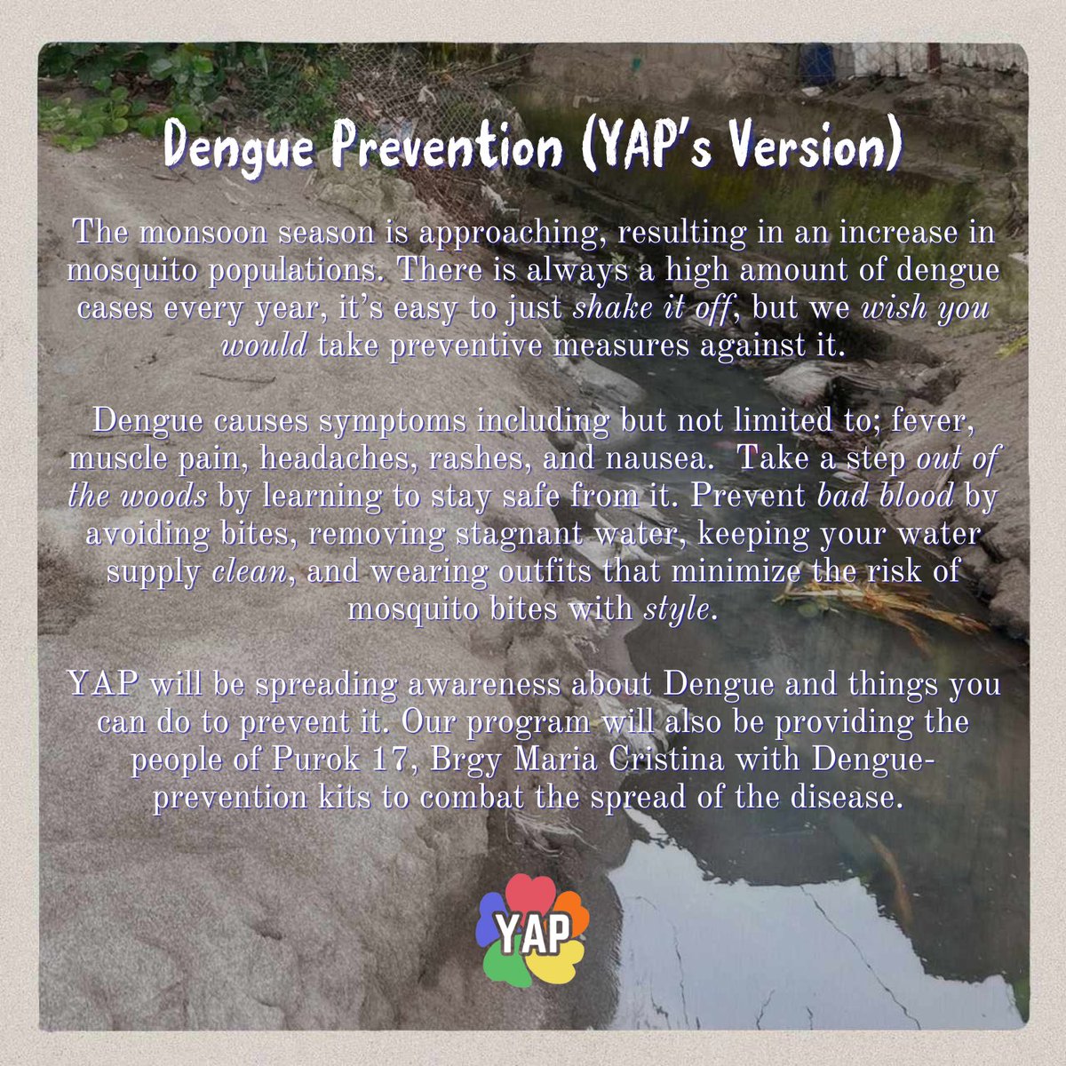 yap23_org's tweet photo. Together, we can fight against dengue! Join us as we launch our first project, an anti-dengue awareness program, to protect ourselves and our community from this deadly disease. Let's spread the word and take action! 🦟

#YAP #YAPPERZ #AntiDengueAwareness https://t.co/WjfoWngfxQ