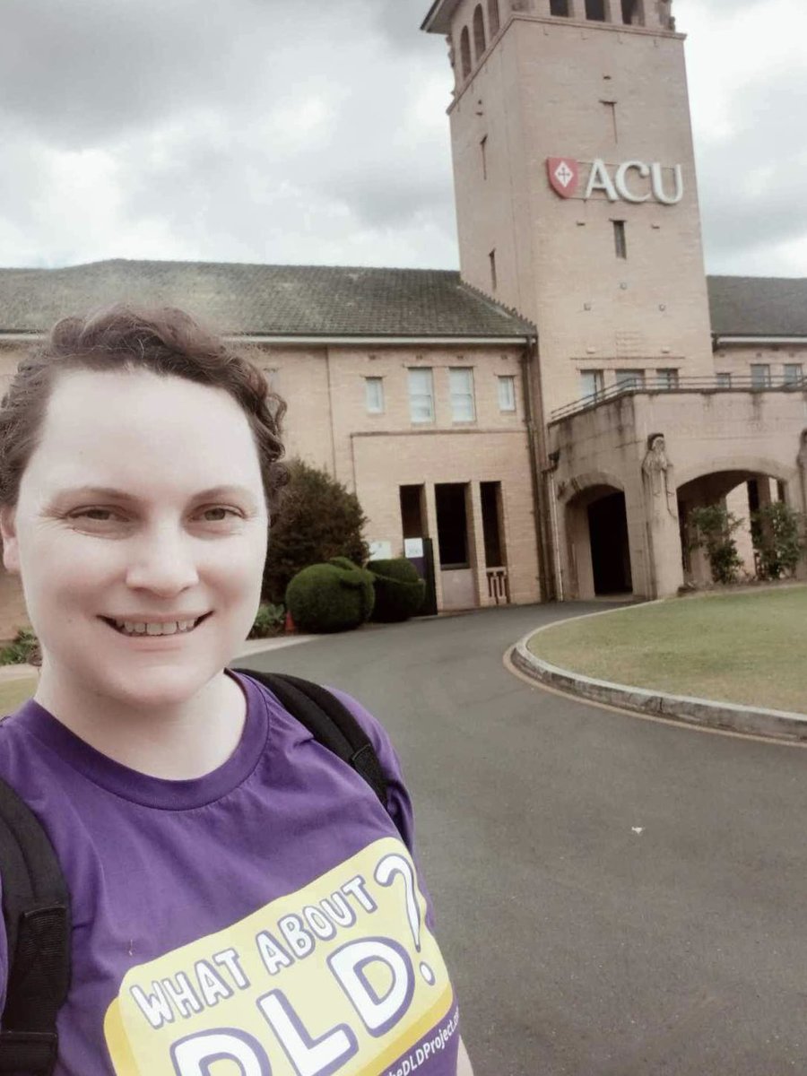 We love seeing the next generation of speech pathologists advocating for people with Developmental Language Disorder! A big shout out to Ash from Australian Catholic University @ACUmedia rocking her ‘What about DLD?’ Tshirt on #DLDday!