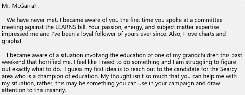 A concerned grandmother messaged me because she didn't know who else to reach out to. Notice...she thought to reach out to the teacher running for State Rep in Searcy and didn't think to reach out to the ELECTED REPRESENTATIVE in her district with this concern.

2/x