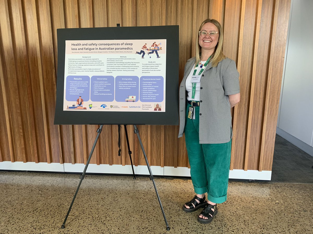 ParaSleepHealth's tweet photo. Lovely to once again present my work at the @AIHS_OHS SA Safety Symposium. Here I am sharing findings on the healthy and safety consequences of sleep loss and fatigue is Aus paramedics. Research funded by the @SafeWorkSA Augusta Zadow Award 🚑 https://t.co/PHNi3H1bLe