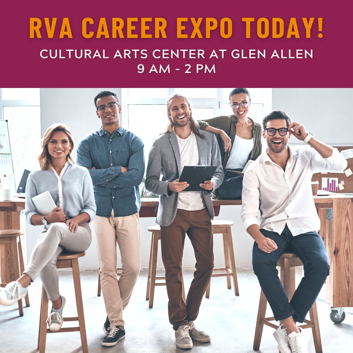 Attend the FREE #RVACareerExpo TODAY from 9-2 at the Cultural Arts Center of Glen Allen! Register at ow.ly/UwRH50PYVOT &amp; post your #resume, or you can register when you arrive. See you there! #rvajobs #vajobs #hiring #career #employment #jobseeker #jobs #careerfair