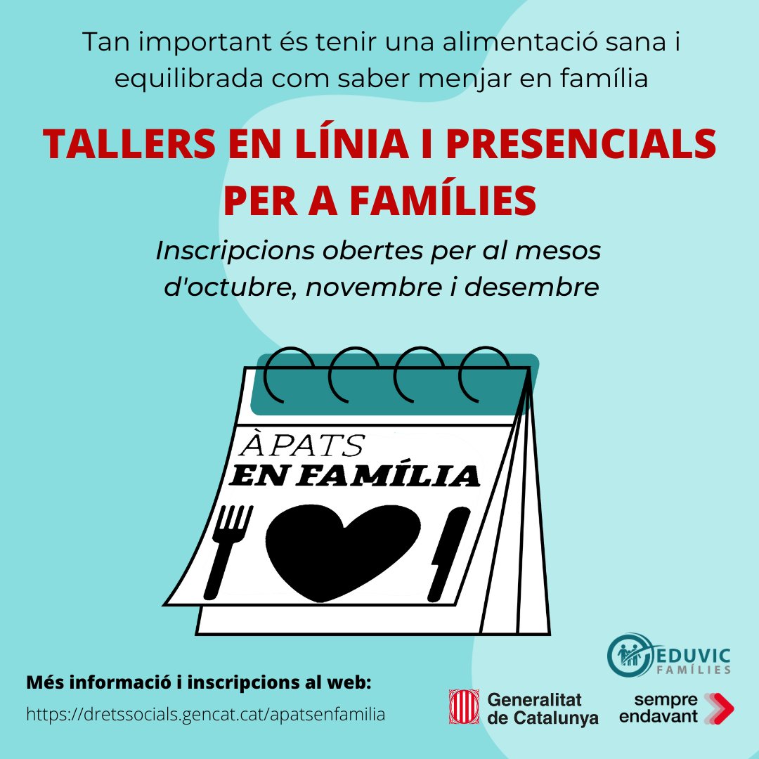 🍎Nous taller d’EDUVIC · Famílies en col·laboració amb el Departament de Drets Socials de la Generalitat de Catalunya per donar eines per fer dels àpats un espai per estimar, conèixer i educar els fills/es, dirigrts a les famílies.
🍽️ Més informació aquí: ow.ly/936r50PY9y5